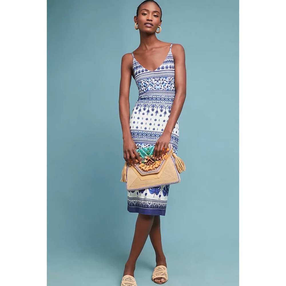 Farm Rio Anthropologie Blue White Tropical Tile Print Midi Dress XS Boho V-Neck